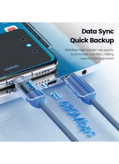 100W PD Fast Charging Cable Type C to Type C Data Cord with Digital Display TQ-X59 - Blue