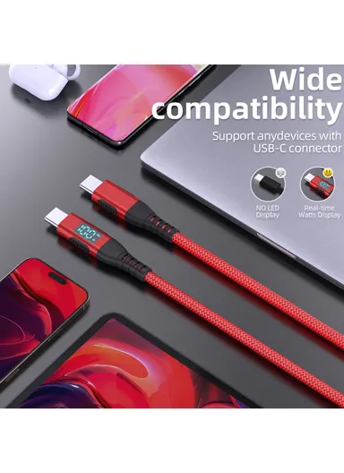 1m 100W USB-C to USB-C Cable Nylon Braided Phone Tablet Fast Charging Digital Display Cord - Red