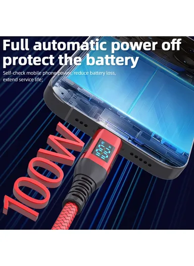 1m 100W USB-C to USB-C Cable Nylon Braided Phone Tablet Fast Charging Digital Display Cord - Red