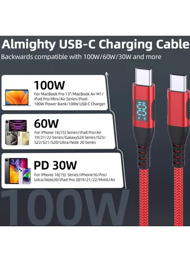 1m 100W USB-C to USB-C Cable Nylon Braided Phone Tablet Fast Charging Digital Display Cord - Red