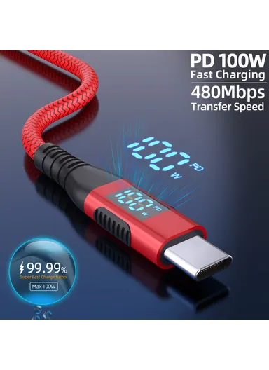 1m 100W USB-C to USB-C Cable Nylon Braided Phone Tablet Fast Charging Digital Display Cord - Red