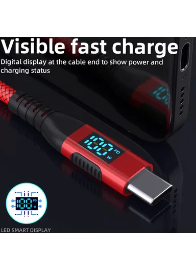 1m 100W USB-C to USB-C Cable Nylon Braided Phone Tablet Fast Charging Digital Display Cord - Red