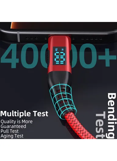 1m 100W USB-C to USB-C Cable Nylon Braided Phone Tablet Fast Charging Digital Display Cord - Red