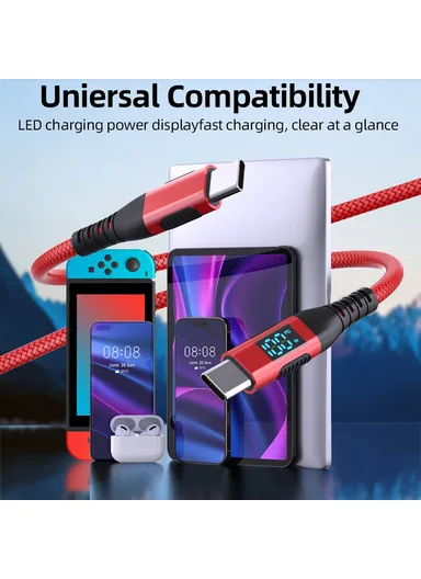 1m 100W USB-C to USB-C Cable Nylon Braided Phone Tablet Fast Charging Digital Display Cord - Red