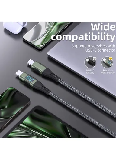 1m 100W USB-C to USB-C Cable Nylon Braided Phone Tablet Fast Charging Digital Display Cord - Grey