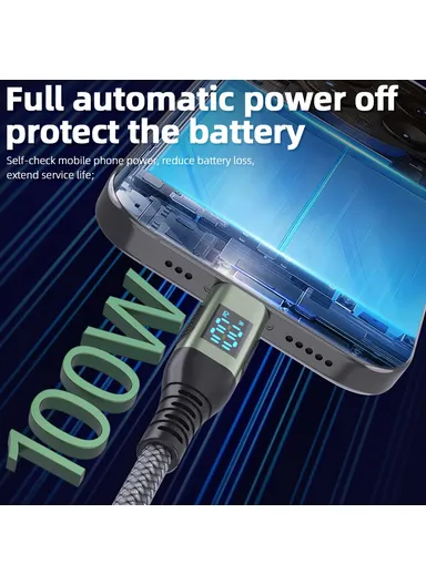 1m 100W USB-C to USB-C Cable Nylon Braided Phone Tablet Fast Charging Digital Display Cord - Grey