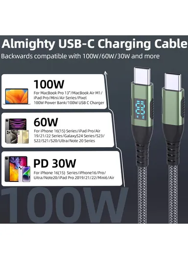 1m 100W USB-C to USB-C Cable Nylon Braided Phone Tablet Fast Charging Digital Display Cord - Grey