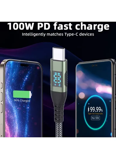 1m 100W USB-C to USB-C Cable Nylon Braided Phone Tablet Fast Charging Digital Display Cord - Grey