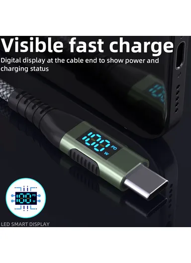 1m 100W USB-C to USB-C Cable Nylon Braided Phone Tablet Fast Charging Digital Display Cord - Grey