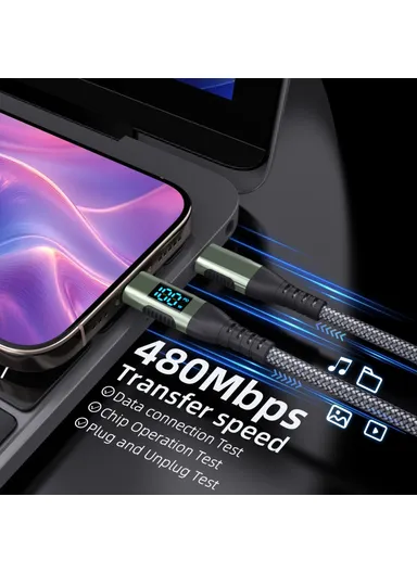 1m 100W USB-C to USB-C Cable Nylon Braided Phone Tablet Fast Charging Digital Display Cord - Grey