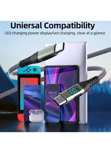 1m 100W USB-C to USB-C Cable Nylon Braided Phone Tablet Fast Charging Digital Display Cord - Grey