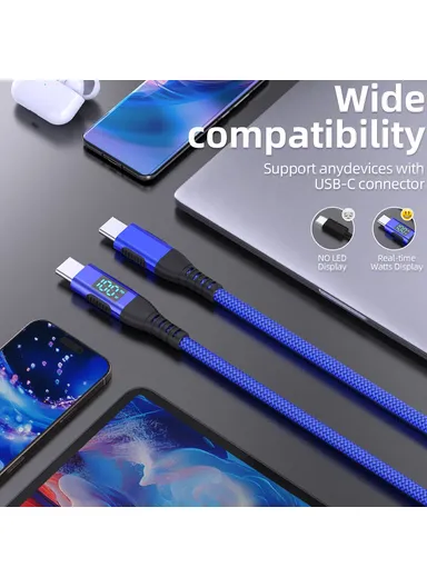 1m 100W USB-C to USB-C Cable Nylon Braided Phone Tablet Fast Charging Digital Display Cord - Blue
