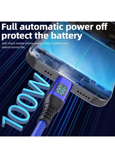 1m 100W USB-C to USB-C Cable Nylon Braided Phone Tablet Fast Charging Digital Display Cord - Blue