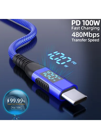 1m 100W USB-C to USB-C Cable Nylon Braided Phone Tablet Fast Charging Digital Display Cord - Blue