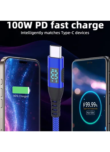 1m 100W USB-C to USB-C Cable Nylon Braided Phone Tablet Fast Charging Digital Display Cord - Blue