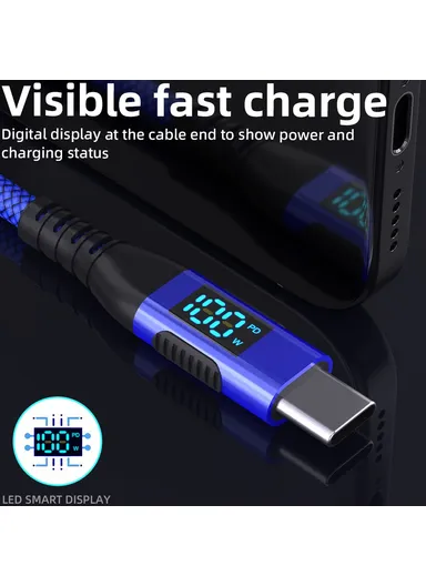 1m 100W USB-C to USB-C Cable Nylon Braided Phone Tablet Fast Charging Digital Display Cord - Blue