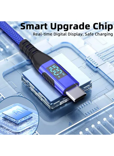 1m 100W USB-C to USB-C Cable Nylon Braided Phone Tablet Fast Charging Digital Display Cord - Blue