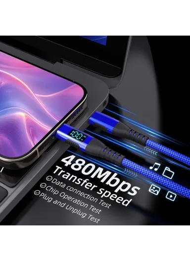 1m 100W USB-C to USB-C Cable Nylon Braided Phone Tablet Fast Charging Digital Display Cord - Blue