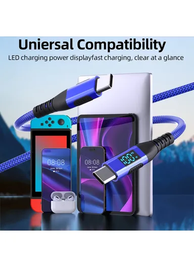 1m 100W USB-C to USB-C Cable Nylon Braided Phone Tablet Fast Charging Digital Display Cord - Blue