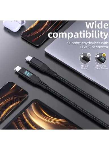 1m 100W USB-C to USB-C Cable Nylon Braided Phone Tablet Fast Charging Digital Display Cord - Black