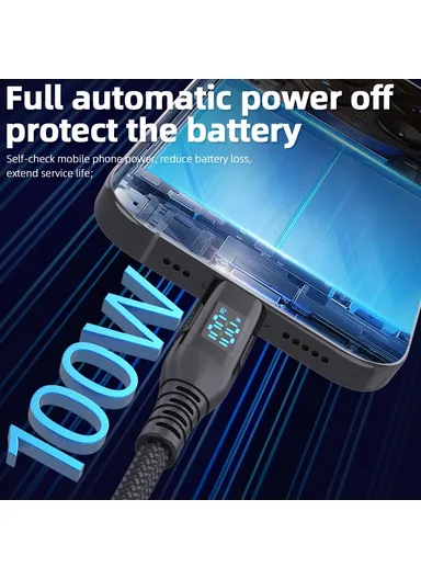 1m 100W USB-C to USB-C Cable Nylon Braided Phone Tablet Fast Charging Digital Display Cord - Black