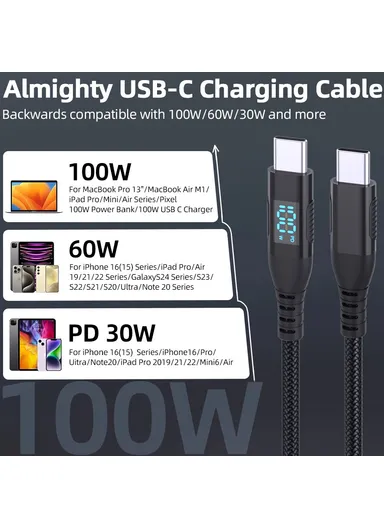 1m 100W USB-C to USB-C Cable Nylon Braided Phone Tablet Fast Charging Digital Display Cord - Black