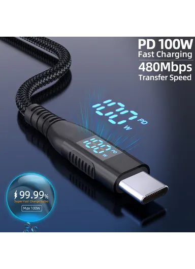 1m 100W USB-C to USB-C Cable Nylon Braided Phone Tablet Fast Charging Digital Display Cord - Black