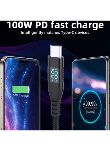 1m 100W USB-C to USB-C Cable Nylon Braided Phone Tablet Fast Charging Digital Display Cord - Black