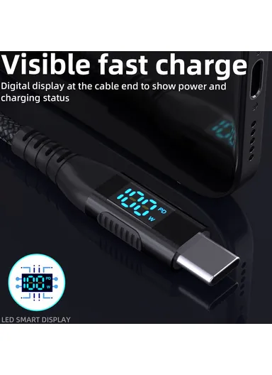 1m 100W USB-C to USB-C Cable Nylon Braided Phone Tablet Fast Charging Digital Display Cord - Black