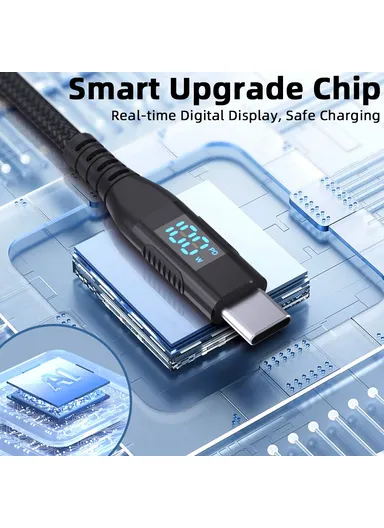 1m 100W USB-C to USB-C Cable Nylon Braided Phone Tablet Fast Charging Digital Display Cord - Black