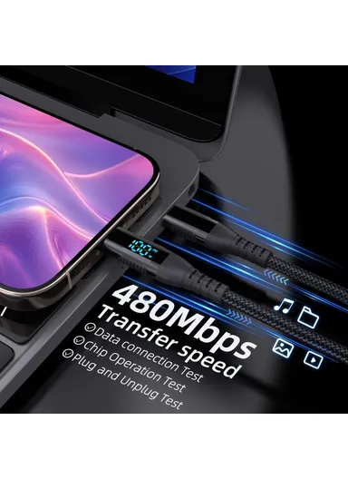 1m 100W USB-C to USB-C Cable Nylon Braided Phone Tablet Fast Charging Digital Display Cord - Black