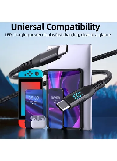 1m 100W USB-C to USB-C Cable Nylon Braided Phone Tablet Fast Charging Digital Display Cord - Black