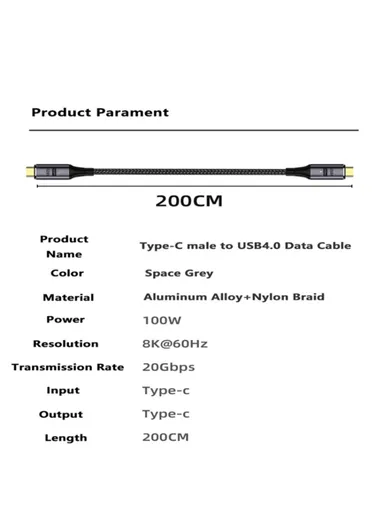 2m PD 100W 5A USB4.0 Front-Angled Magnetic Charging Cable 8K / 60hz Type-C to Type-C 20Gbps Data Cable