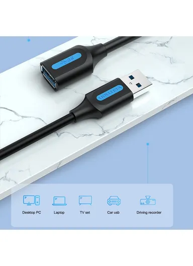 1m USB-A 3.0 Male to Female PVC Cable 5Gbps Data Transfer Round Extension Cord CBHBD