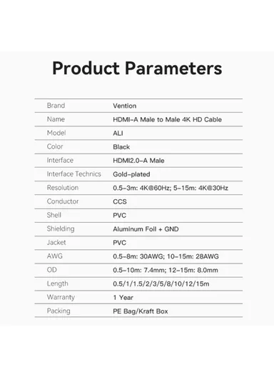 0.5m HDMI-A Male to Male PVC Cable 4K HD Video HDMI Cord ALIBD - Black