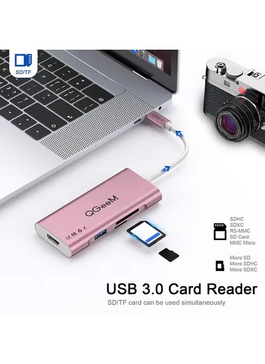 6 Multi-functional USB-C Hub 7 in 1 Type-C Docking Station Support HD 4K PD100W SD/TF Card Reader UH07