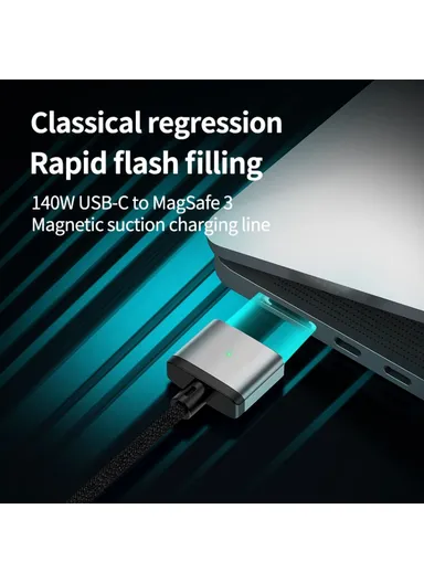 2m PD 140W Compatible with MagSafe 3 Nylon Braided USB-C to Magnetic Charging Cable for MacBook - Grey