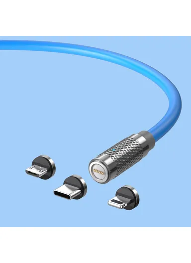 3-in-1 2m Magnetic Charging Cable PD 100W Fast Charger Sync Data Cord for iPhone, USB &amp; Type-C - Blue
