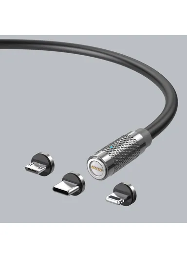 3-in-1 1m Magnetic Charging Cable PD 100W Fast Charger Sync Data Cord for iPhone, USB &amp; Type-C - Black