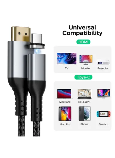 2m HDMI to Magnetic Absorption Type-C 4K 60Hz Output Video Adapter Cable Braided Cord for MacBook iMac iPad Pro