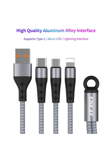 Cloth Skin Round Cable Android/Type-C/Apple 3 in 1 Mini Portable Charging Cable - Black ENKAY ENK-CB400