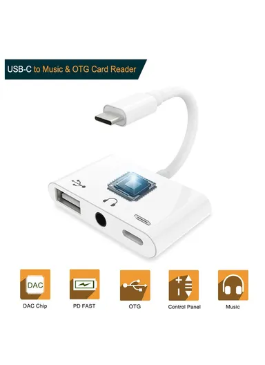 Type C to 3.5mm Headphone Jack OTG Adapter Converter USB-C to Music Audio OTG Card Reader - White