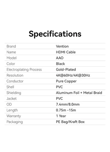 8m 4K 30Hz HDMI 2.0 Male to Male Adapter Cable for TV Monitor Projector AAOBK 