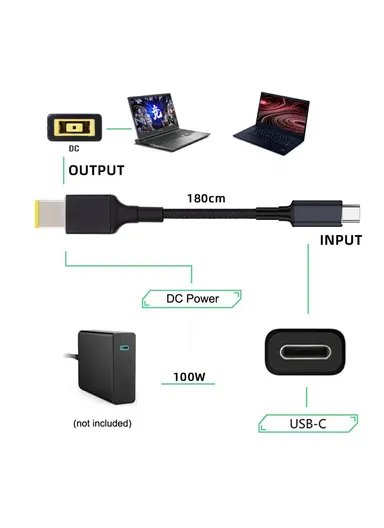 100W USB-C Input to Rectangular Jack Output Power Charge Cable For Lenovo Laptop 1.8m PD UC-110-1145MM 