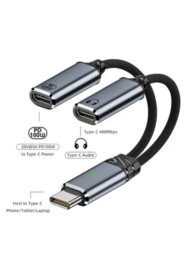 USB-C Male to Dual Female Audio DAC AUX / 100W PD Power Cable for Laptop / Tablet / Phone UC-030-TC001 