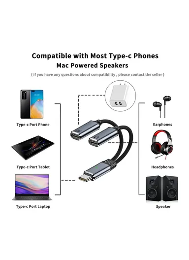 USB-C Male to Dual Female Audio DAC AUX / 100W PD Power Cable for Laptop / Tablet / Phone UC-030-TC001 