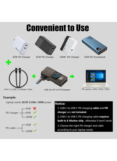 HP Laptop Charging Adapter Type-C to DC 4.5x3.0mm Digital Display Zinc Alloy Converter PD 100W 