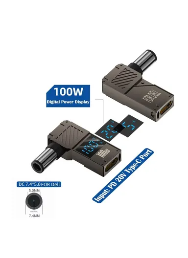 Dell Laptop Charging Adapter Type-C to DC 7.4x5.0mm Digital Display Zinc Alloy Converter PD 100W