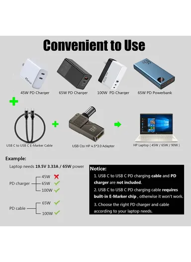 HP Laptop Charging Adapter Type-C to DC 7.4x5.0mm Digital Display Zinc Alloy Converter PD 100W