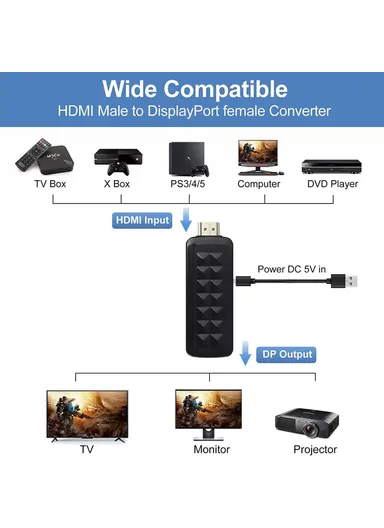 HDMI 2.0b to DisplayPort 1.4 Adapter 4K 60Hz / HDCP 2.3 Converter for Video Streaming / Gaming HD2